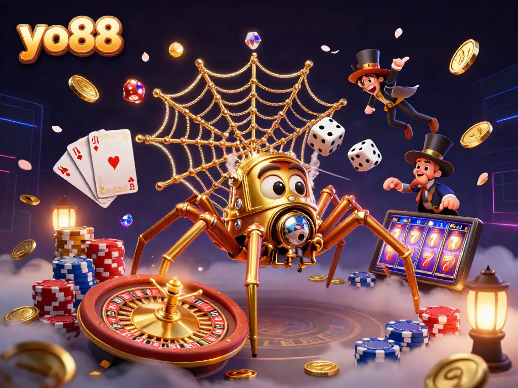 Engage with exciting yo88 gaming features in a vibrant casino scene with a steampunk spider and delightful treasures.