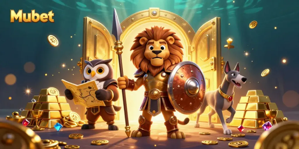 Mubet showcases a fierce bronze-armored lion heroically standing guard over treasures, emphasizing gaming excitement.