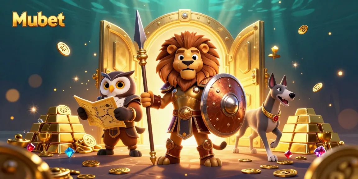 Mubet showcases a fierce bronze-armored lion heroically standing guard over treasures, emphasizing gaming excitement.