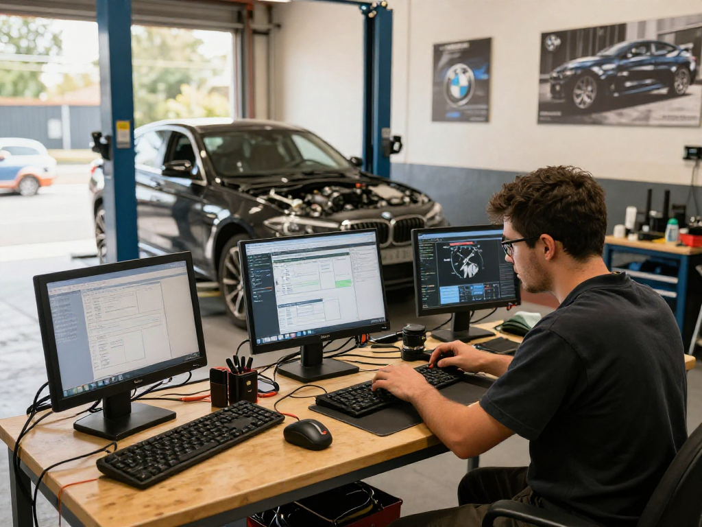 Chiptuning Hannover: Spezialist arbeitet an BMW-Motor für Leistungssteigerung und Diagnosetools in moderner Werkstatt.