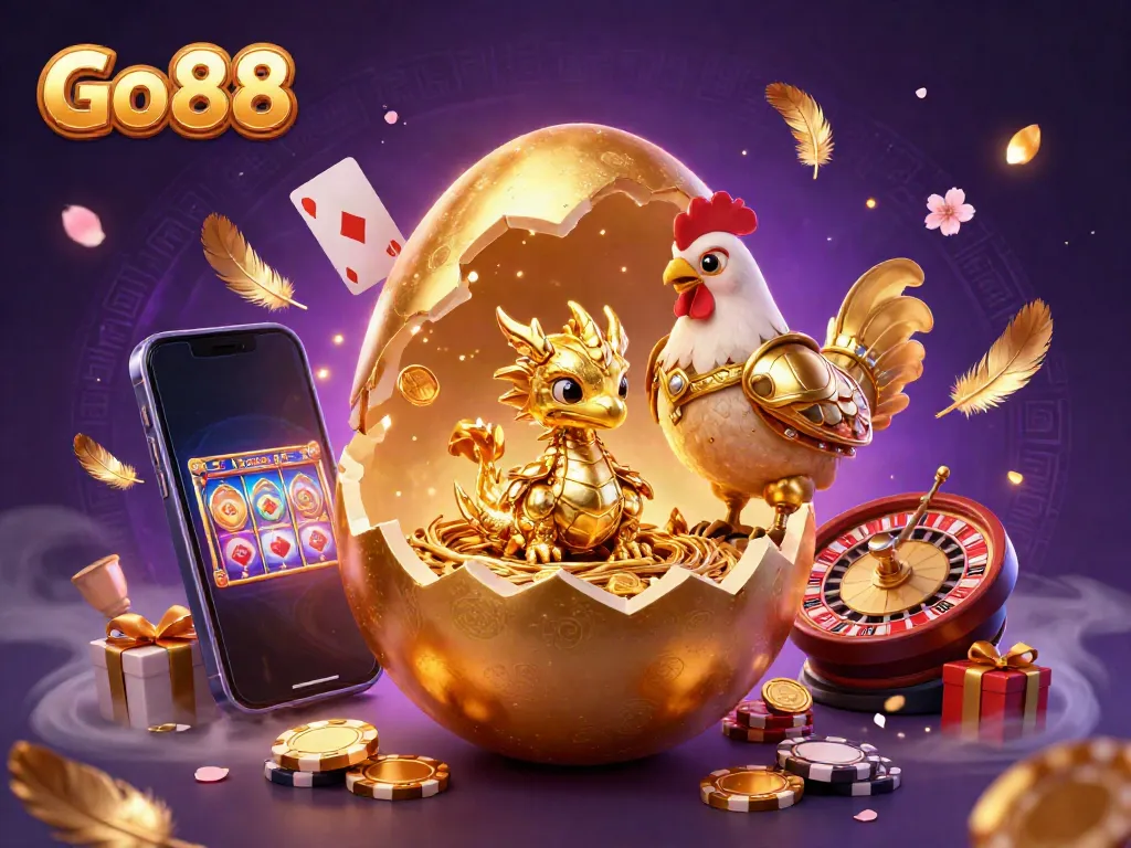 Engage with Go 88 illustrated scene featuring a golden egg revealing a dragon amidst vibrant casino elements.