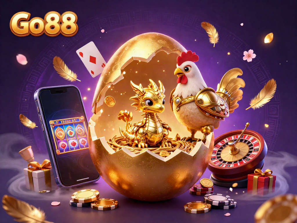 Engage with Go 88 illustrated scene featuring a golden egg revealing a dragon amidst vibrant casino elements.