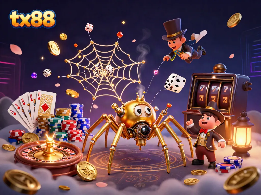 Experience the thrilling moments of tx88 with a steampunk spider capturing dice amid cascading riches.