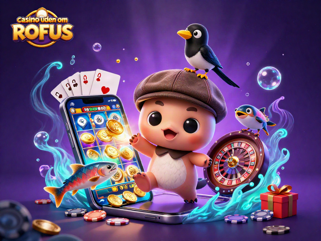 Engage in thrilling fun at casino uden om ROFUS with cartoon characters amidst vibrant gaming elements.