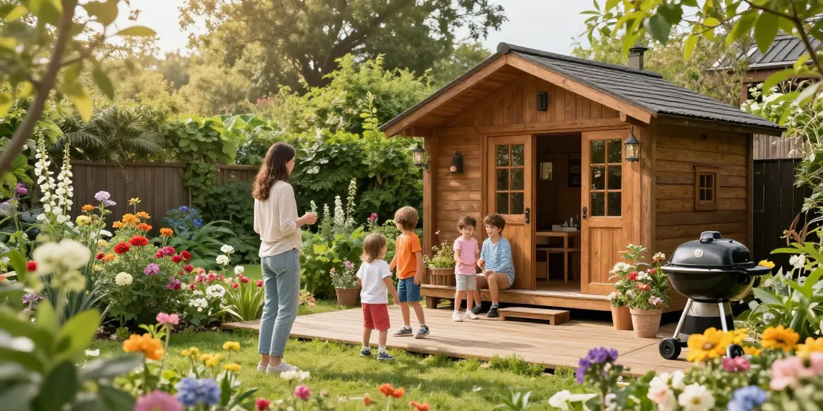 Gartenhaus Holz umgeben von Blumen und spielenden Kindern, einladende Gartenatmosphäre.