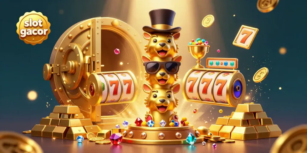 Experience the excitement of slot gacor with a vibrant 3D illustration featuring jackpot reels and a golden totem.