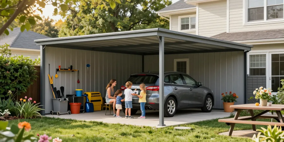 Moderner Carport in einem einladenden Garten mit stilvollem Design und einem Parkplatz für ein Auto.
