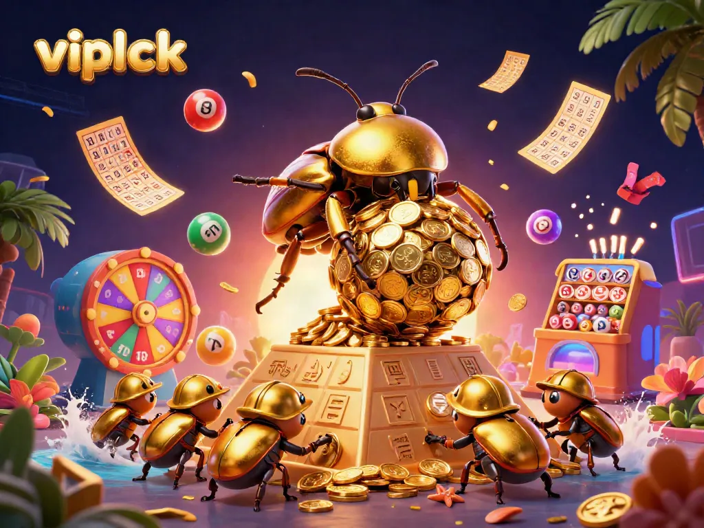 Experience the thrilling world of vipluck casino with dynamic golden coins, lottery balls, and vibrant game elements.