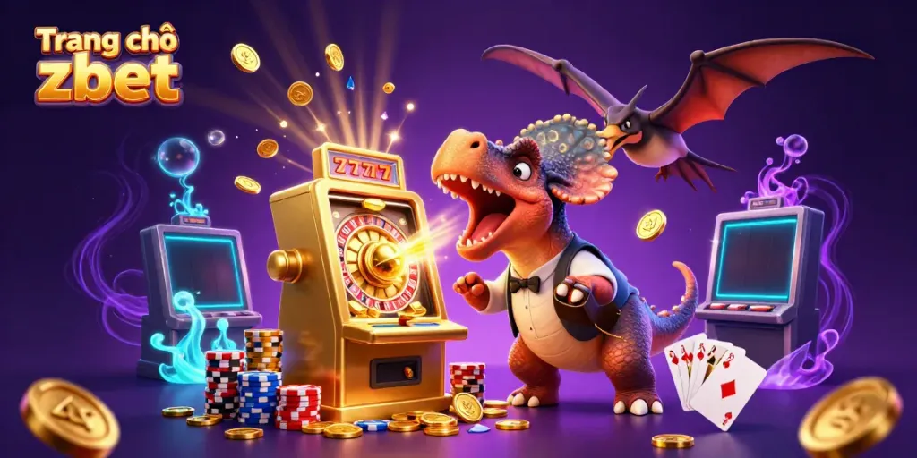 Catching flying coins on Trang chủ zbet with a cartoon dinosaur and slot machine jackpot scene.