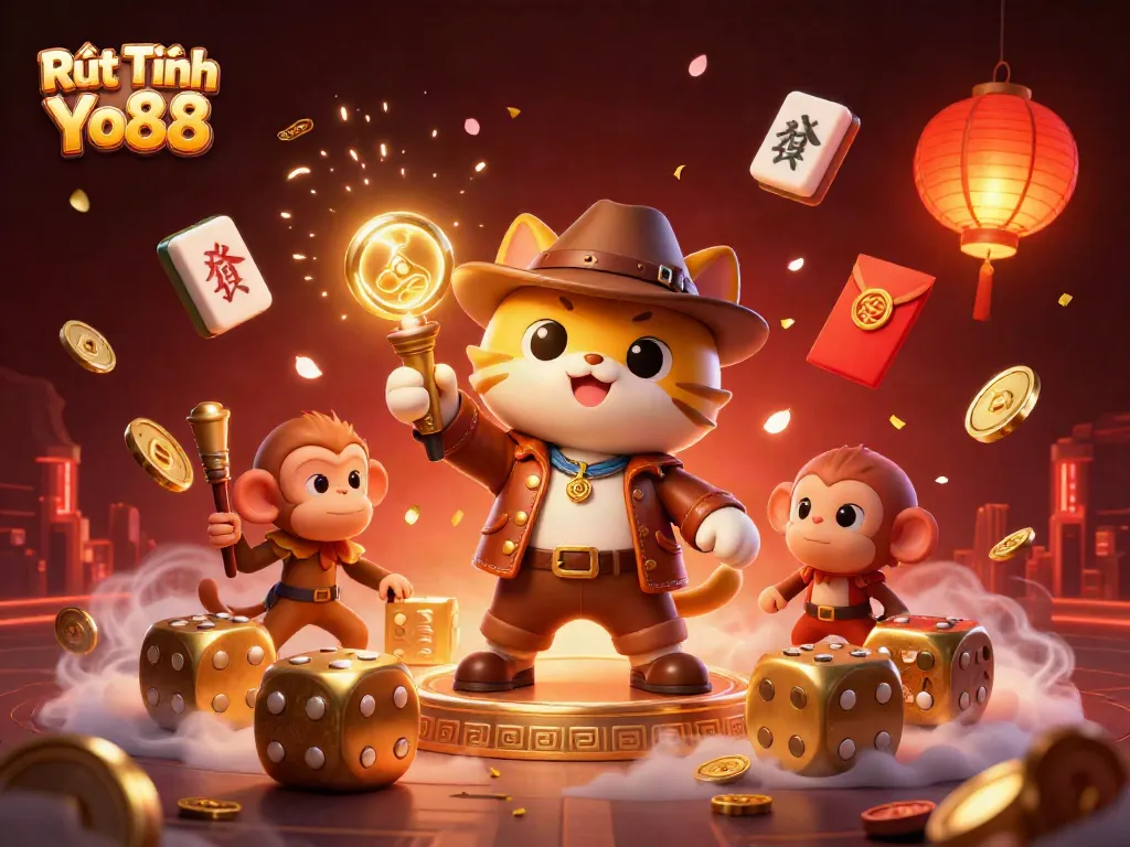 Experience Rút Tiền Yo88 with an illustrator's exciting depiction of a gold artifact discovery amidst dynamic casino elements.