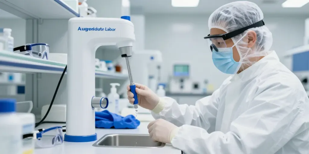 Augendusche für Labor in use, showcasing technician demonstrating emergency eye wash procedure.