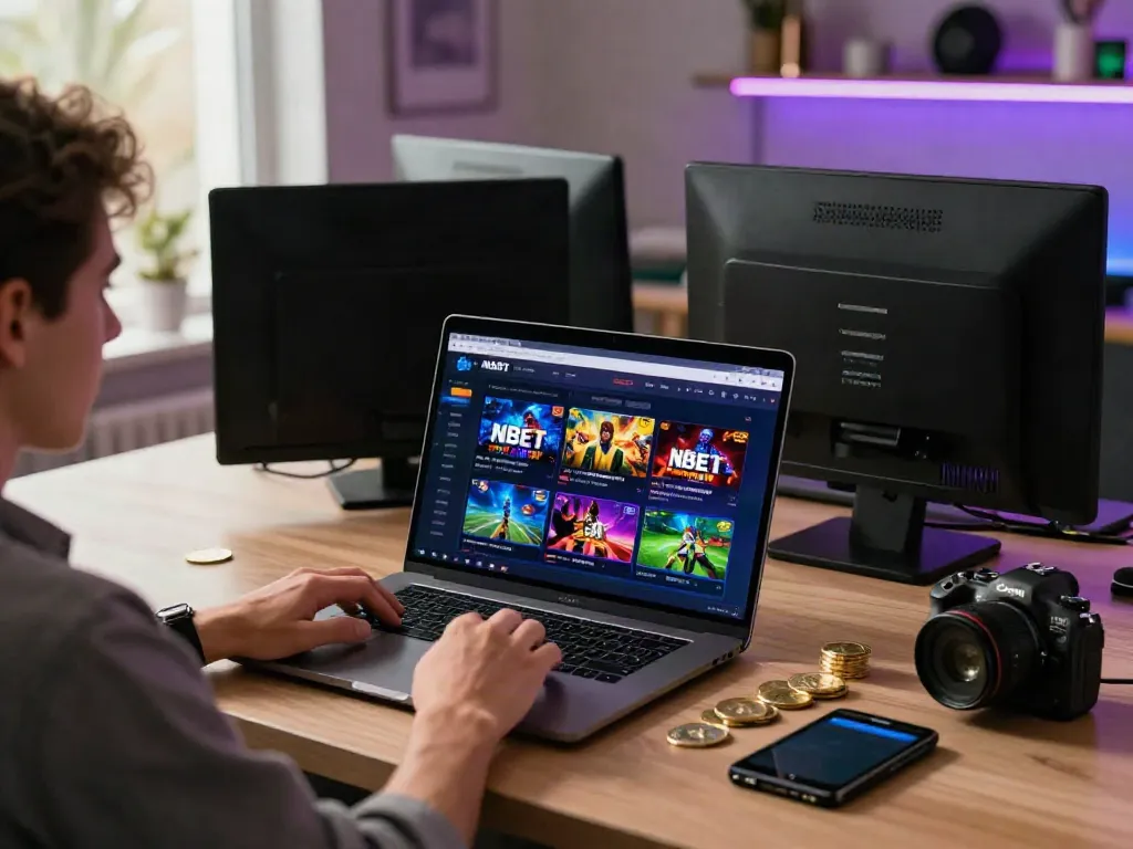 Engaged user exploring NBET online gambling platform on a vibrant modern desk.