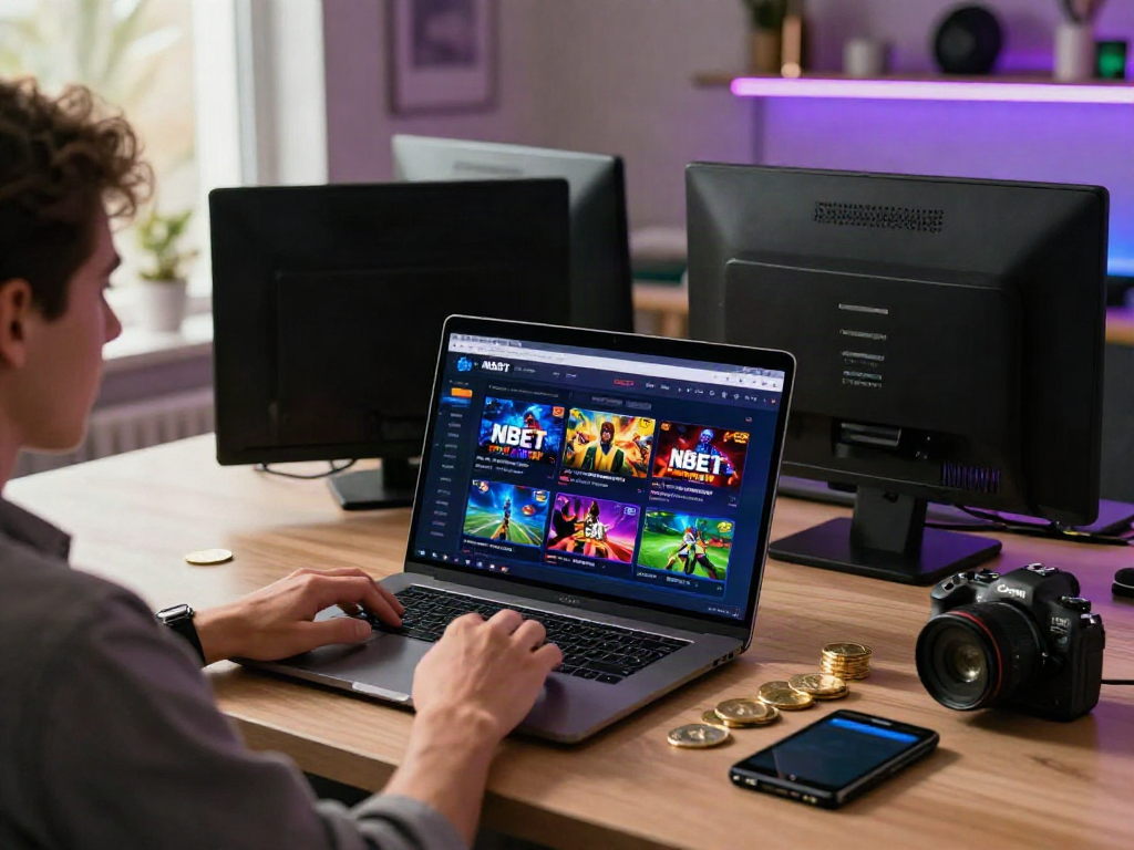 Engaged user exploring NBET online gambling platform on a vibrant modern desk.