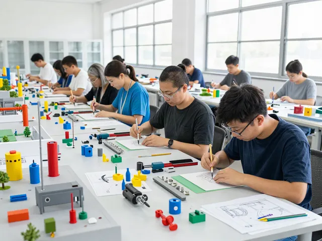 Industriemodellbau in einer Werkstatt, Handwerker gestalten präzise Modelle in verschiedenen Maßstäben.