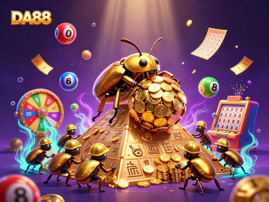 DA88 offers a vibrant illustration showcasing dynamic casino elements with a playful golden beetle theme.