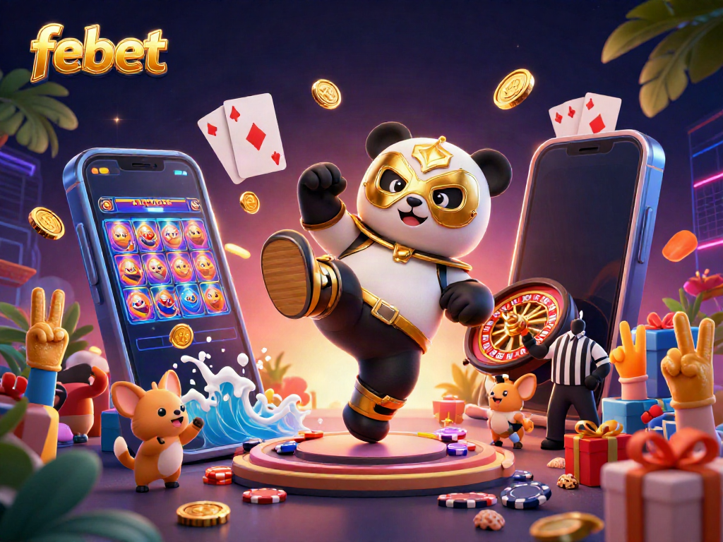 Experience the excitement of febet online casino with an action-packed 3D illustration featuring animated characters and vibrant gaming elements.
