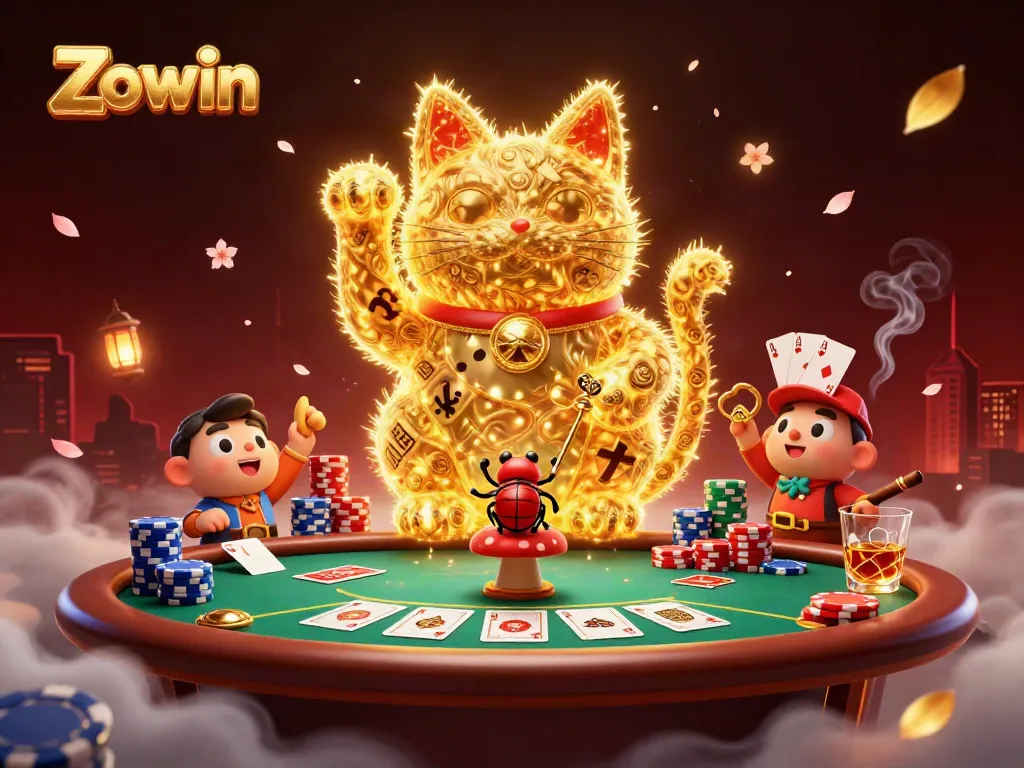 Zowin’s vibrant illustration showcases a golden lucky cat formed by fireflies amid dynamic casino symbols.