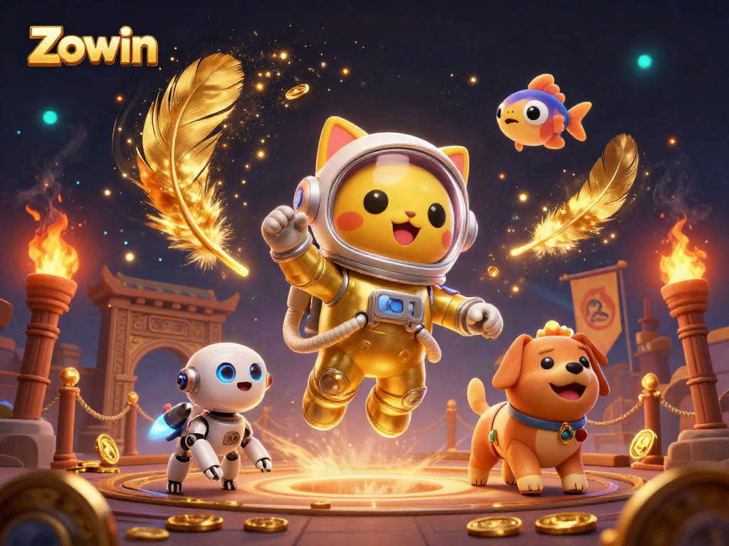 Zowin displays thrilling space-themed gaming with a cartoon cat astronaut and dynamic casino elements.