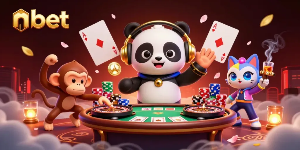 Experience the thrilling energy of nbet with a 3D panda DJ and vibrant casino elements lighting up the scene.