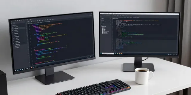 Gadgets und Softwareentwicklung in einem modernen Arbeitsumfeld mit Code und Technologie.