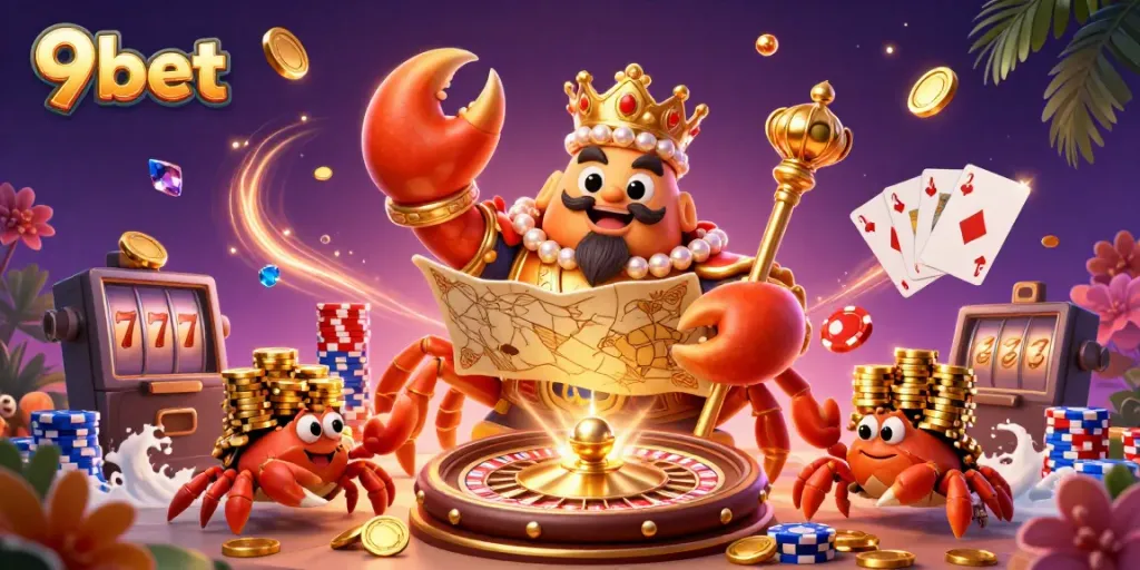 Experience the vibrant world of 9bet with a golden crab emperor amidst cascading rewards in this spectacular casino scene.