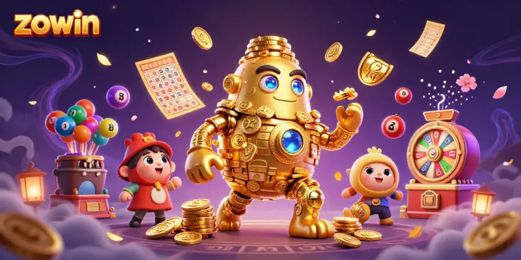 Zowin-themed vibrant 3D illustration showcasing golden golem, lottery balls, and bingo elements