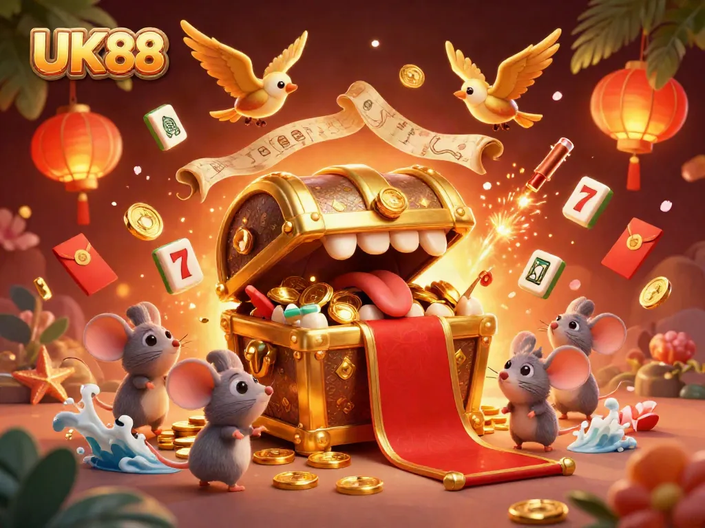 Experience thrilling gameplay at UK88 with a vibrant scene of treasure and gaming elements.