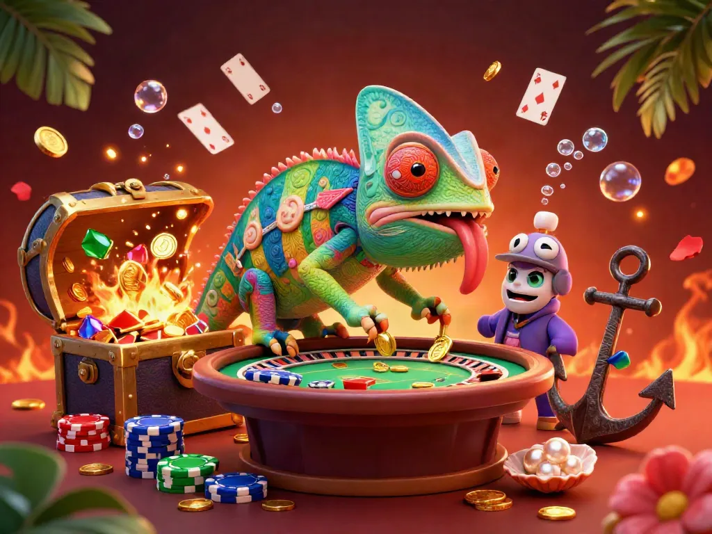 Engage with debet's thrilling casino atmosphere featuring a vibrant chameleon owner and dazzling game elements.