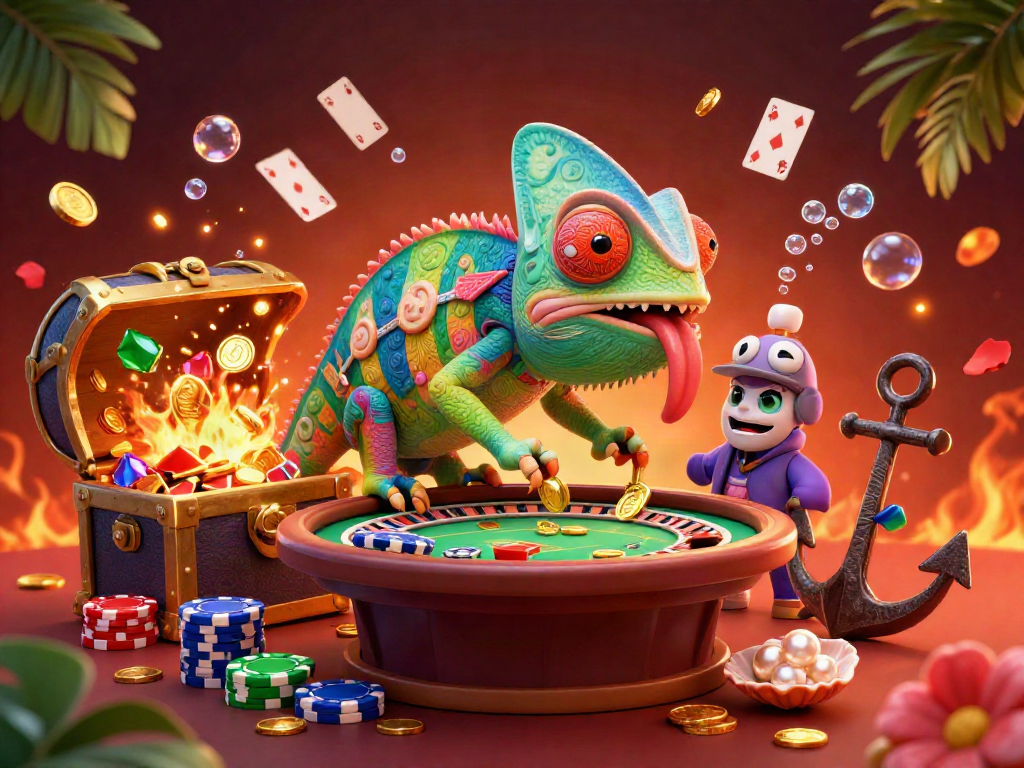 Engage with debet's thrilling casino atmosphere featuring a vibrant chameleon owner and dazzling game elements.