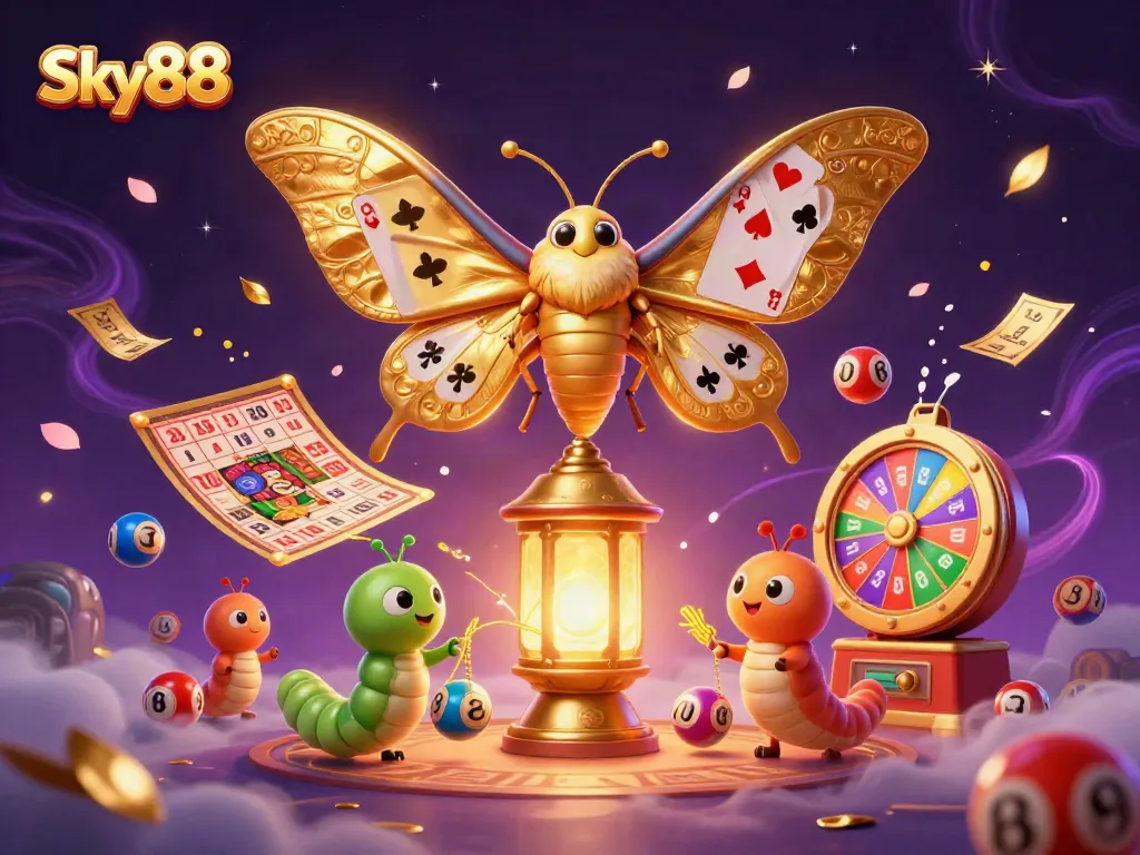 Sky88 presents a vibrant casino scene with an atlas moth, fluttering lottery balls, and winning opportunities.