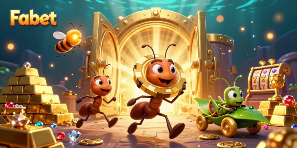Fabet's team of cartoon ants carrying a golden poker chip amidst dazzling casino treasures and elements.