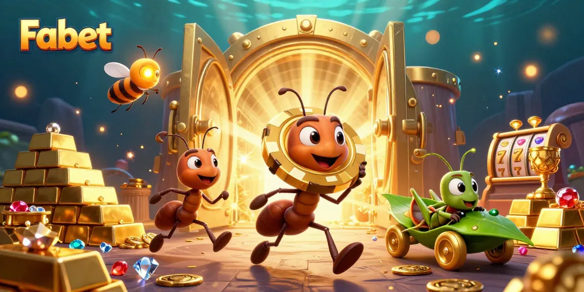 Fabet's team of cartoon ants carrying a golden poker chip amidst dazzling casino treasures and elements.
