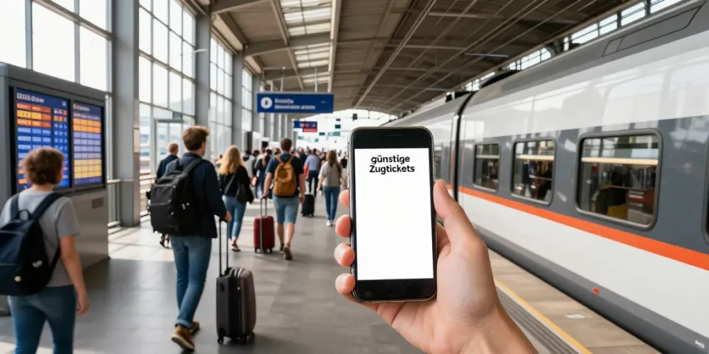 Günstige Zugtickets: Reisender am Bahnhof bereit zum Einsteigen