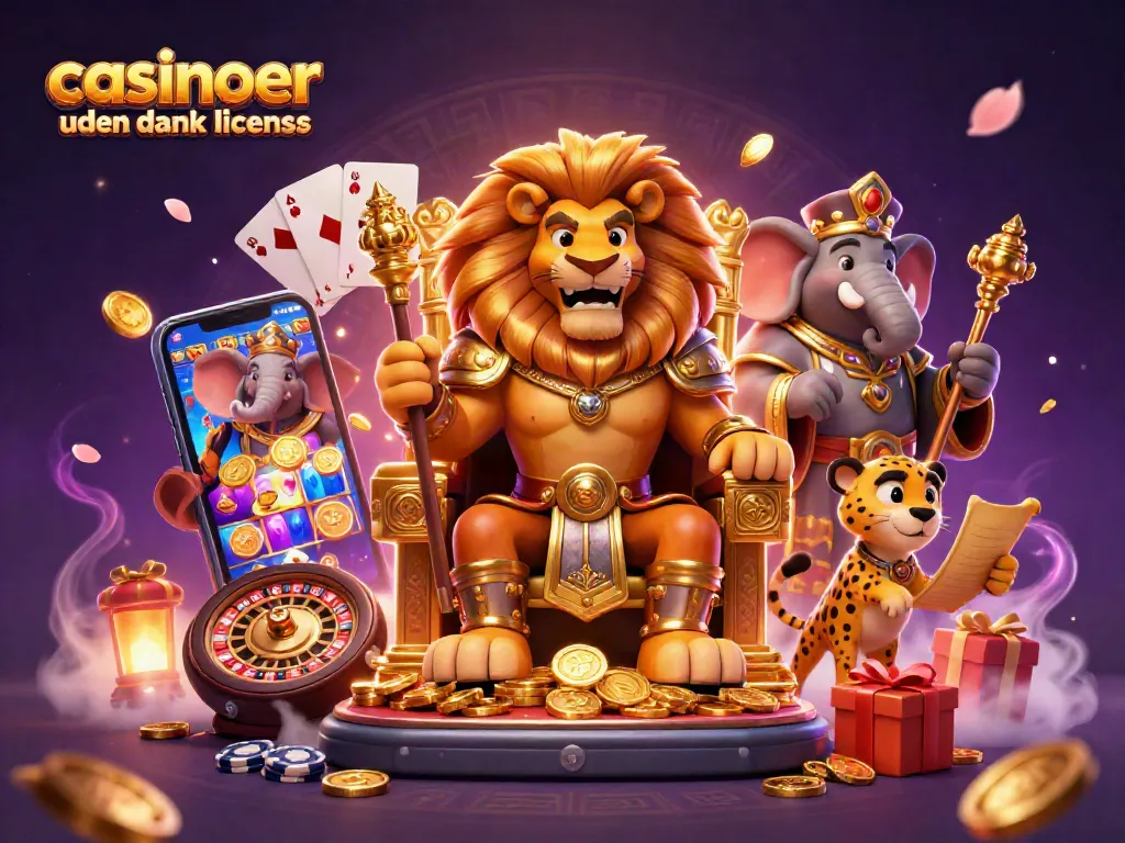 Engage with casinoer uden dansk licens through a vibrant 3D scene featuring a lion king, wise elephant, and quick cheetah amid dynamic gaming elements.