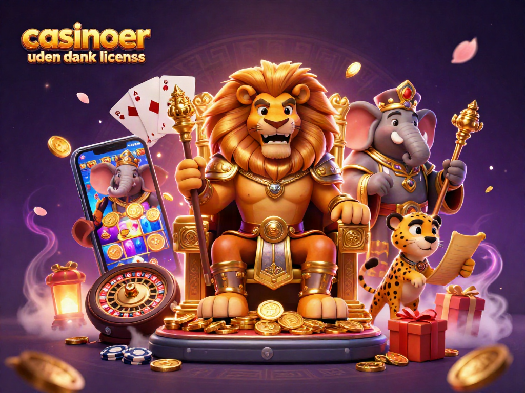 Engage with casinoer uden dansk licens through a vibrant 3D scene featuring a lion king, wise elephant, and quick cheetah amid dynamic gaming elements.