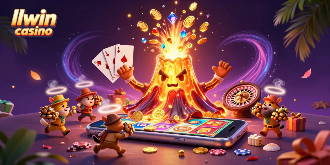 Experience the thrill at llwin casino with a triumphant volcano erupting golden treasures amidst vibrant gaming elements.