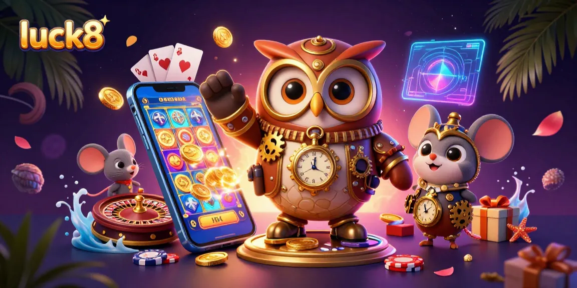 Experience luck8's dynamic gaming world with an illustration of steampunk owl and casino elements.