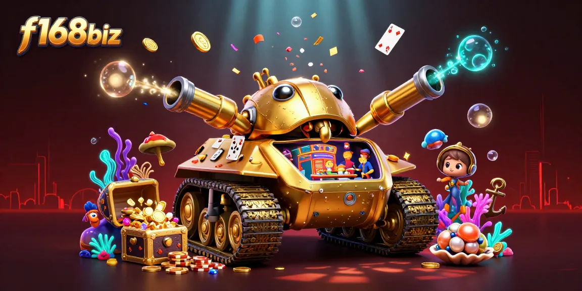 Experience the excitement of f168biz with a vibrant 3D casino scene featuring a golden beetle tank and underwater treasures.