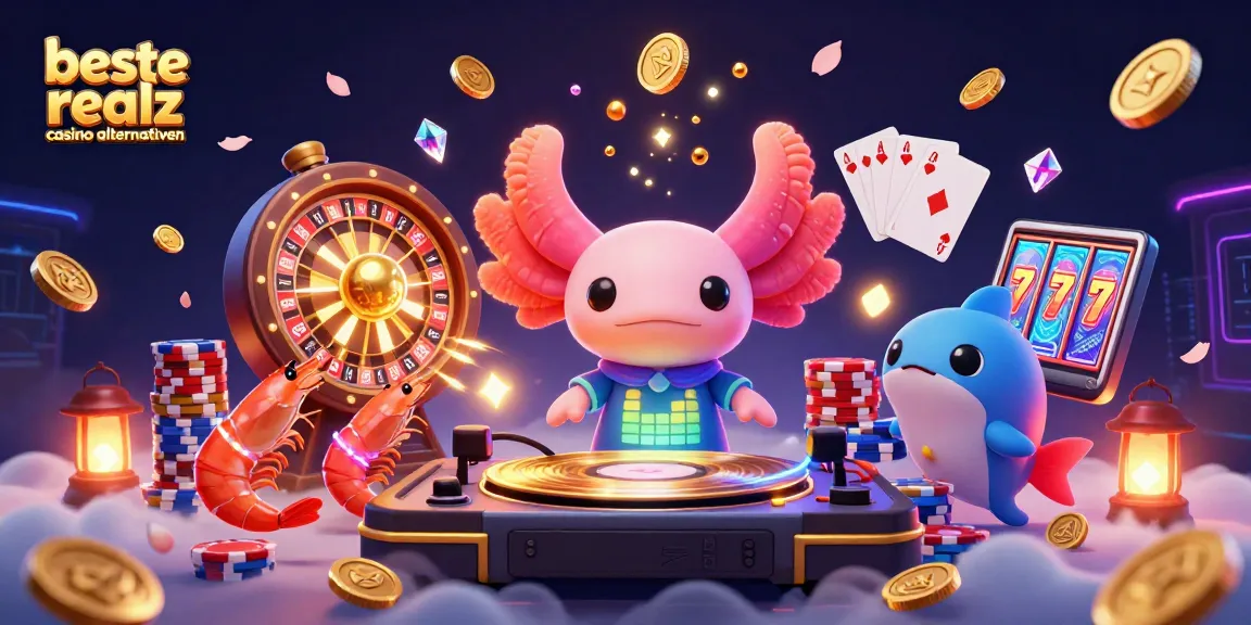 Erlebe die besten realz casino alternativen mit einem neonfarbenen Axolotl DJ und tanzenden Garnelen in einem lebhaften 3D-Grafikdesign.